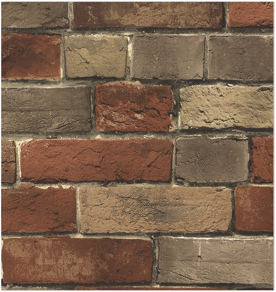 faux brick in beige, greys and burnt orange wallpaper