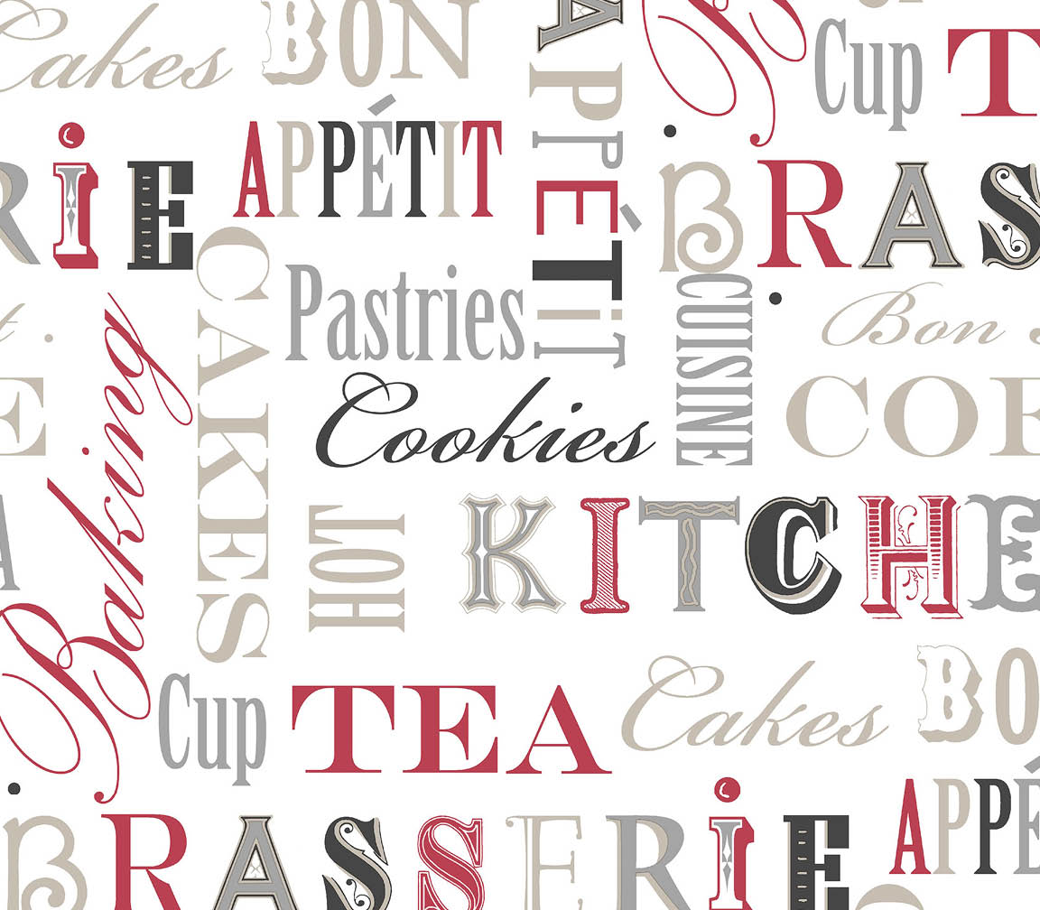red beige and silver kitchen script on white wallpaper