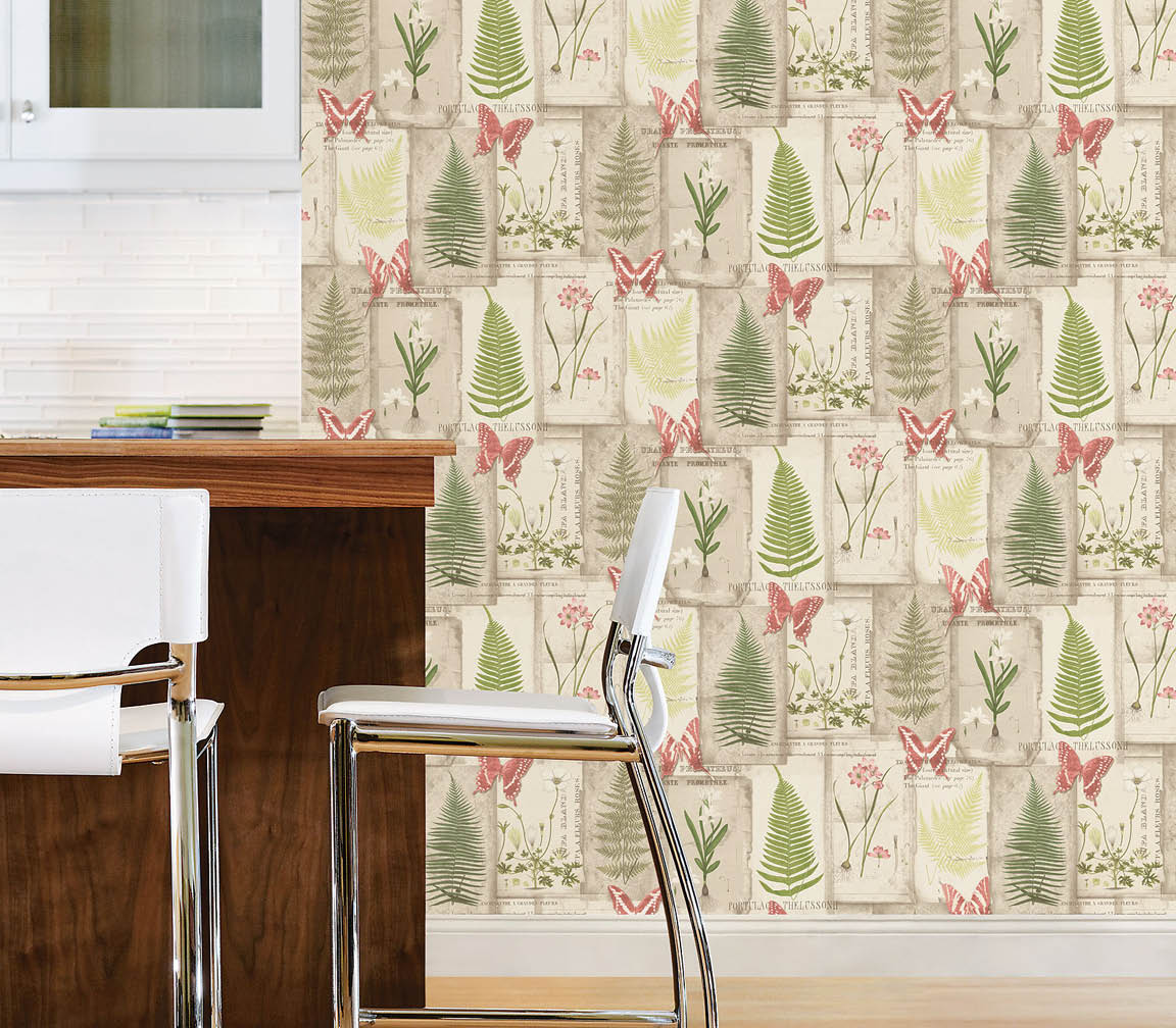 Kitchen with botanical leaves wallpaper