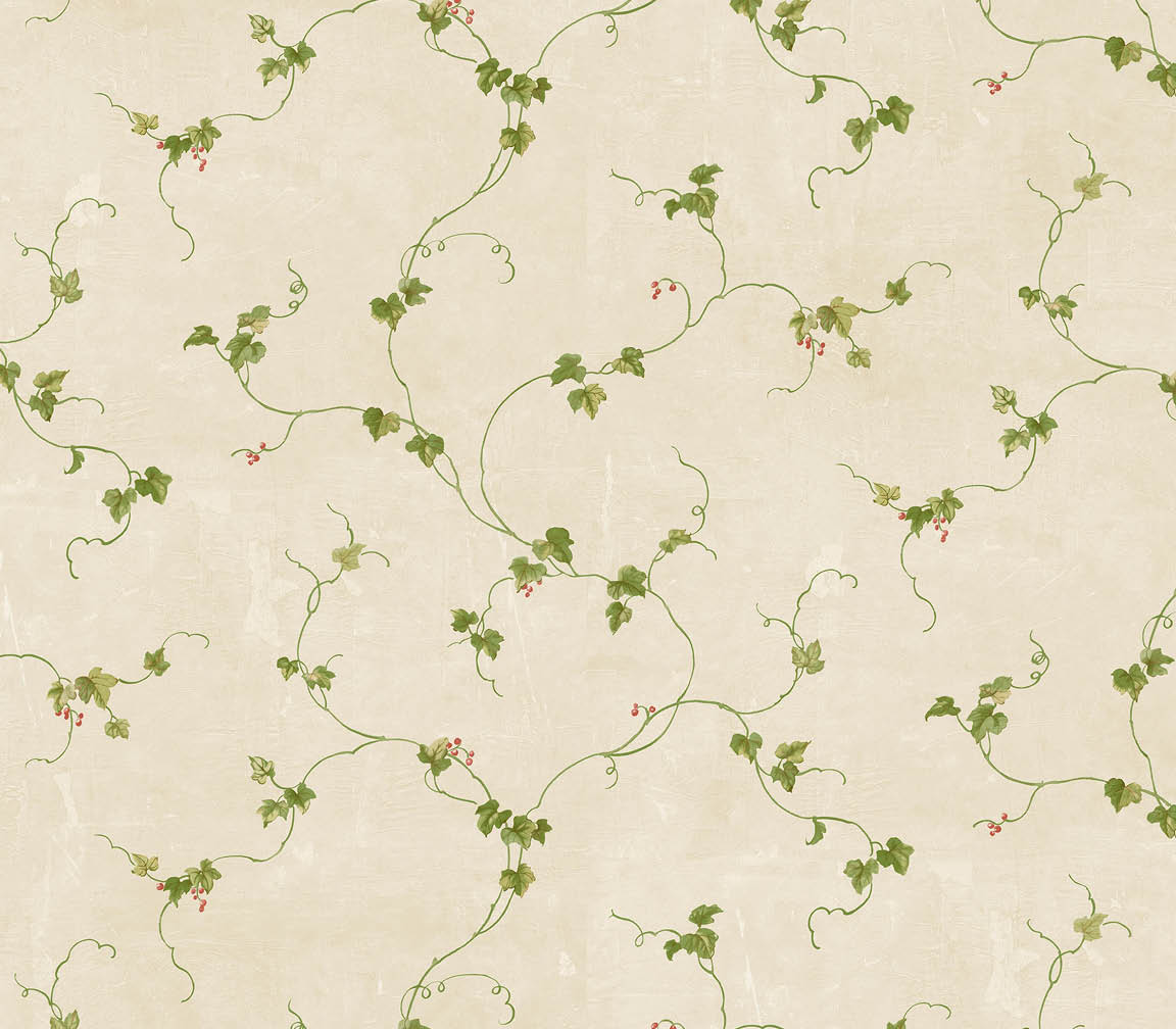 green and red small berries trail on tan wallpaper