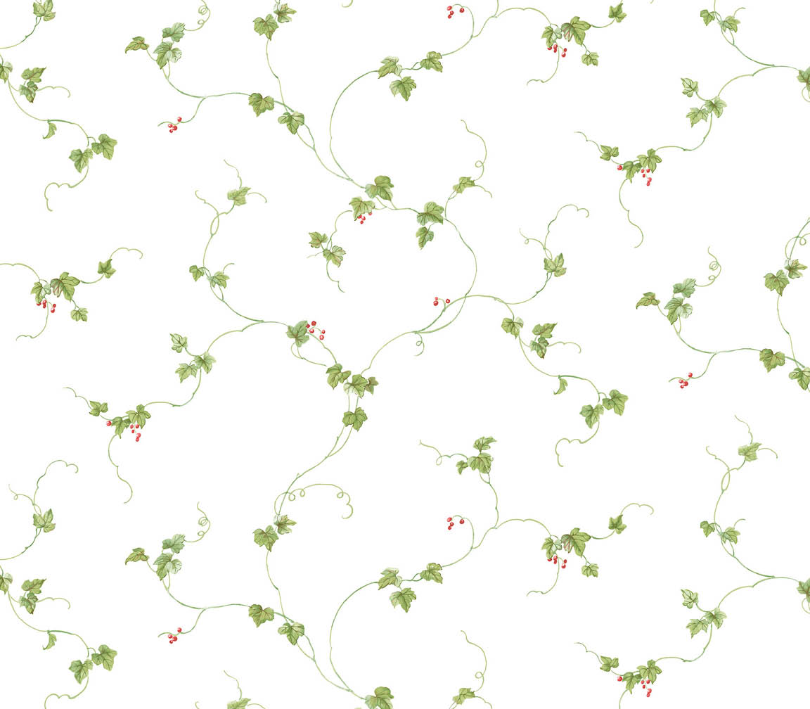 green and red small berries trail on white wallpaper
