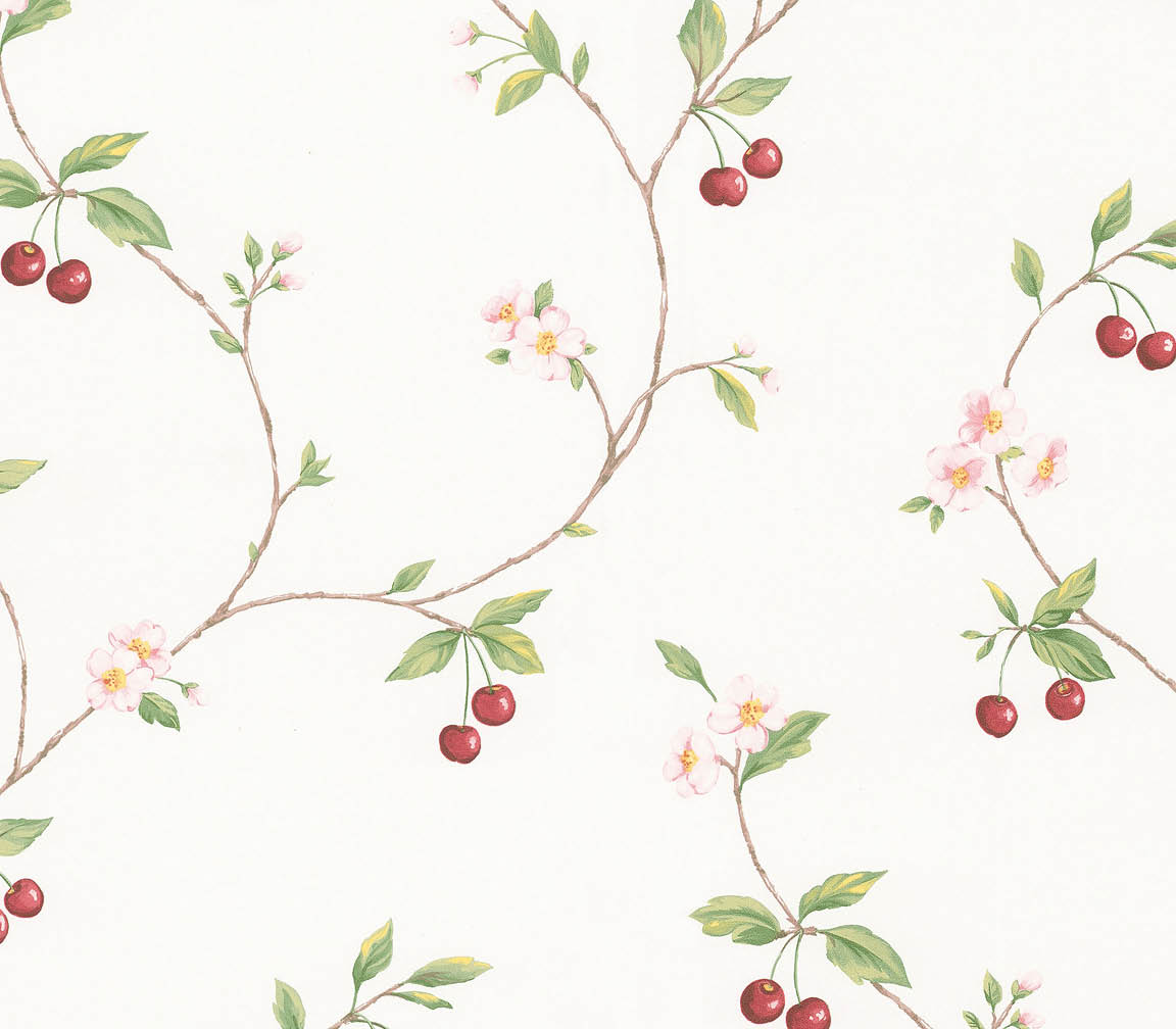 Cherry trail on white wallpaper