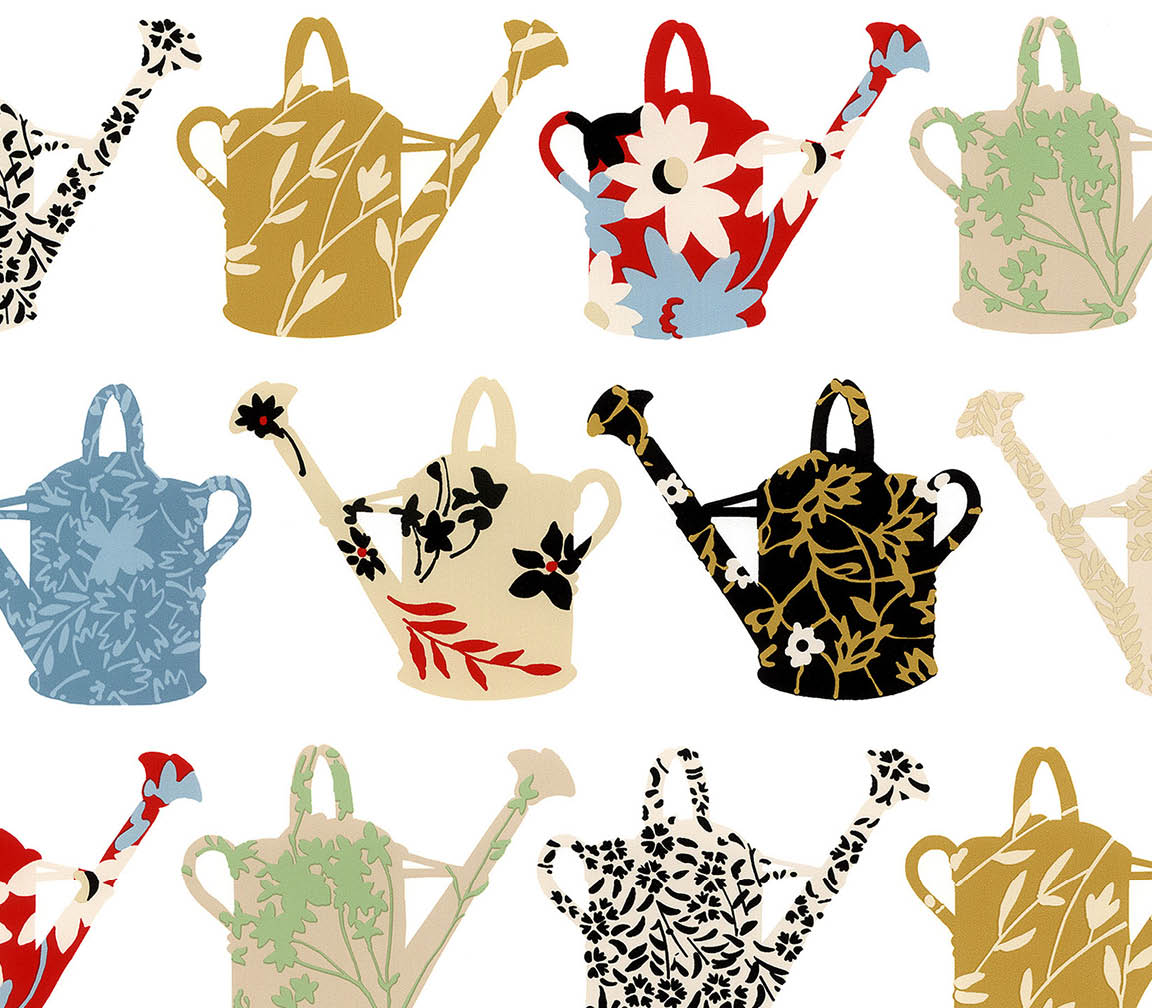 multi coloured watering cans with designs wallpaper