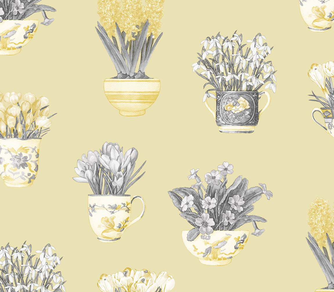 grey and yellow floral pots allover wallpaper