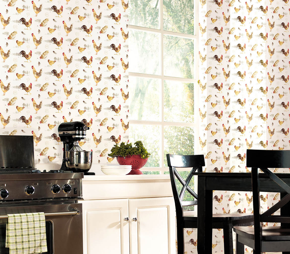 Kitchen with roosters and chickens wallpaper