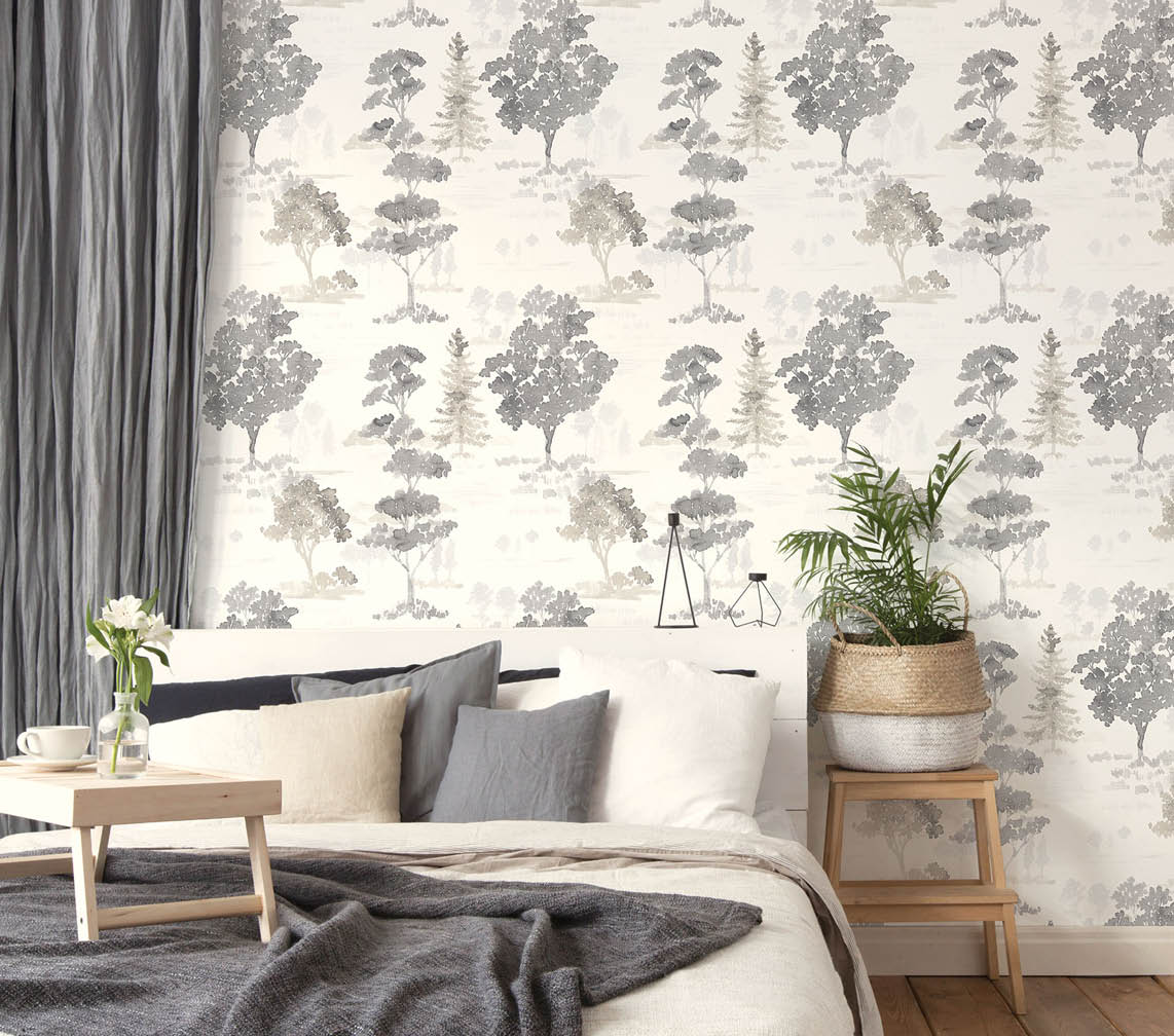 modern bedroom with taupe and grey tree wallpaper