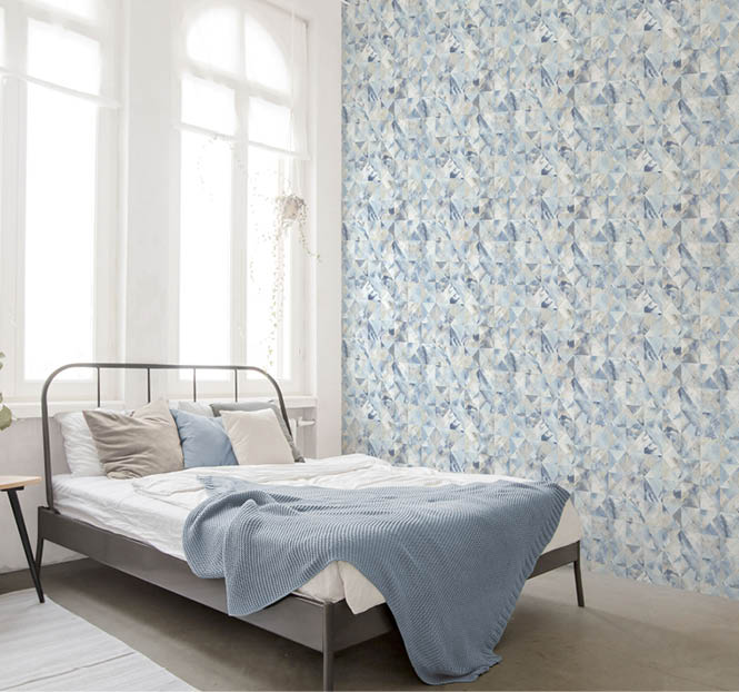 bedroom with blue textured tiles wallpaper
