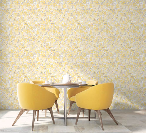 modern dining room with yellow and grey abstract floral wallpaper