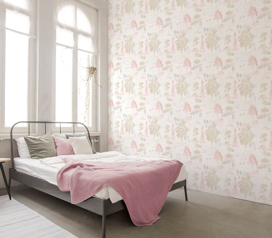 vintage bedroom with pink, olive and grey trees wallpaper