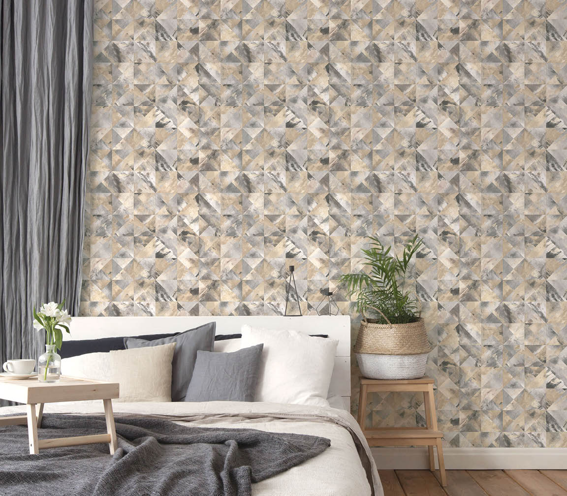 modern bedroom with beige and grey textured graphic tile wallpaper