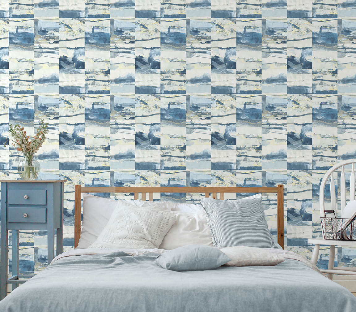 bedroom with blue agate tile wallpaper