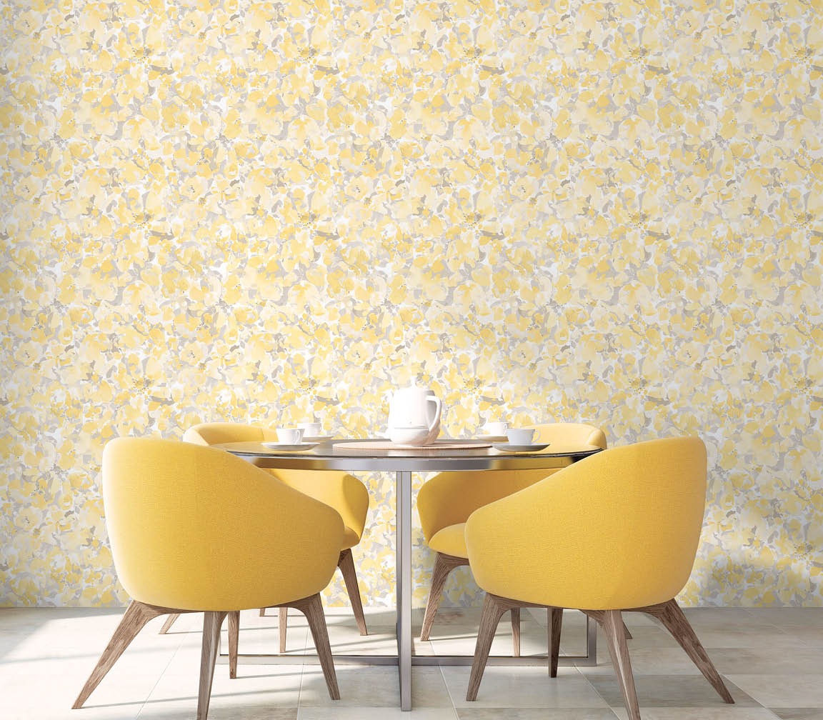 modern dining room with yellow and grey abstract floral wallpaper