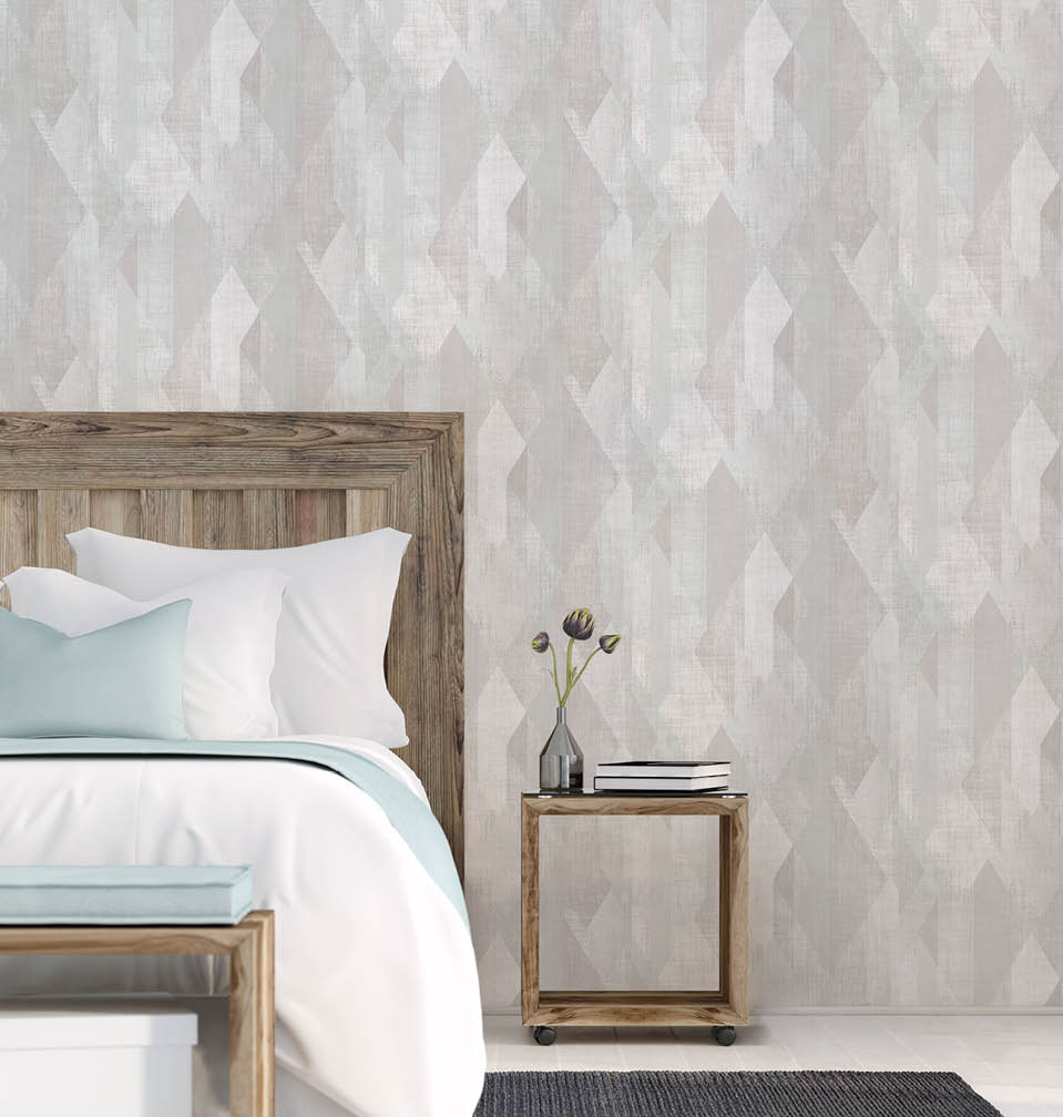 modern  rustic bedroom with soft geomtric design in mint and grey wallpaper