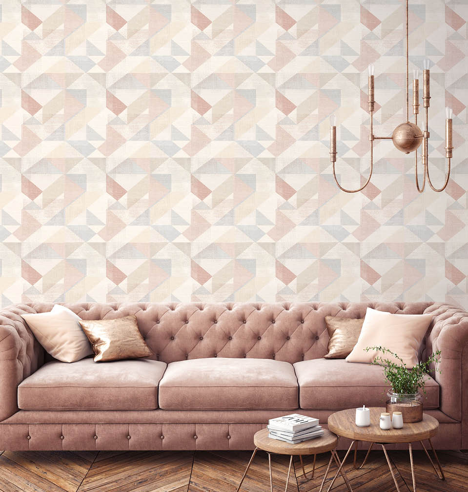 living room with silk screen geometric in blush rose and beige allpaper