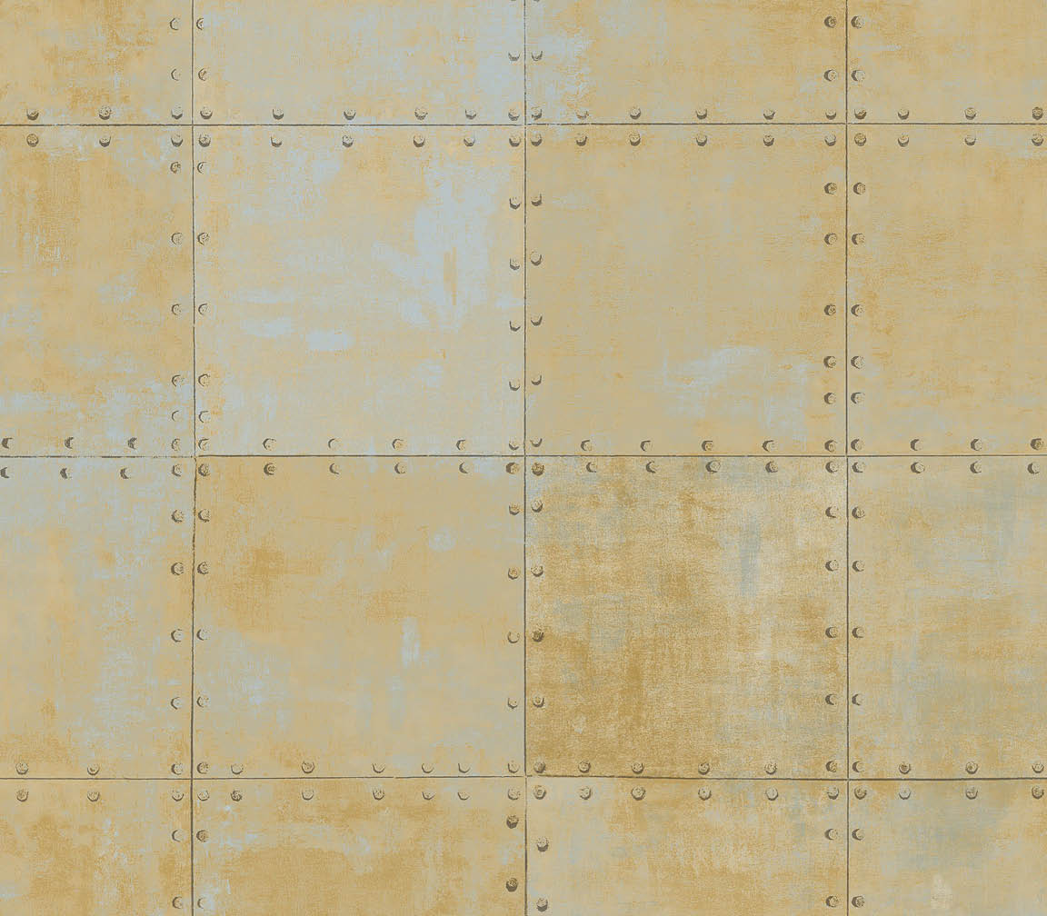 metallic gold and blue steel tile wallpaper