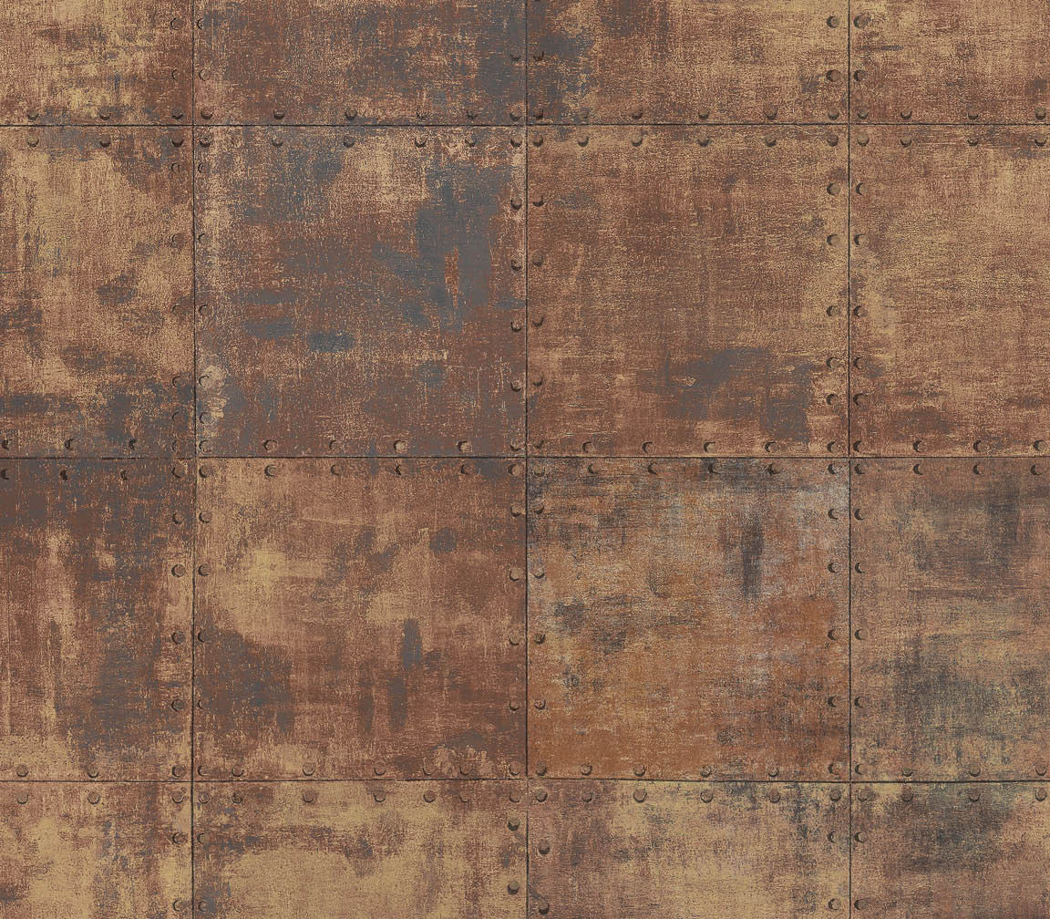 metallic gold, brown, blue and black steel tile wallpaper