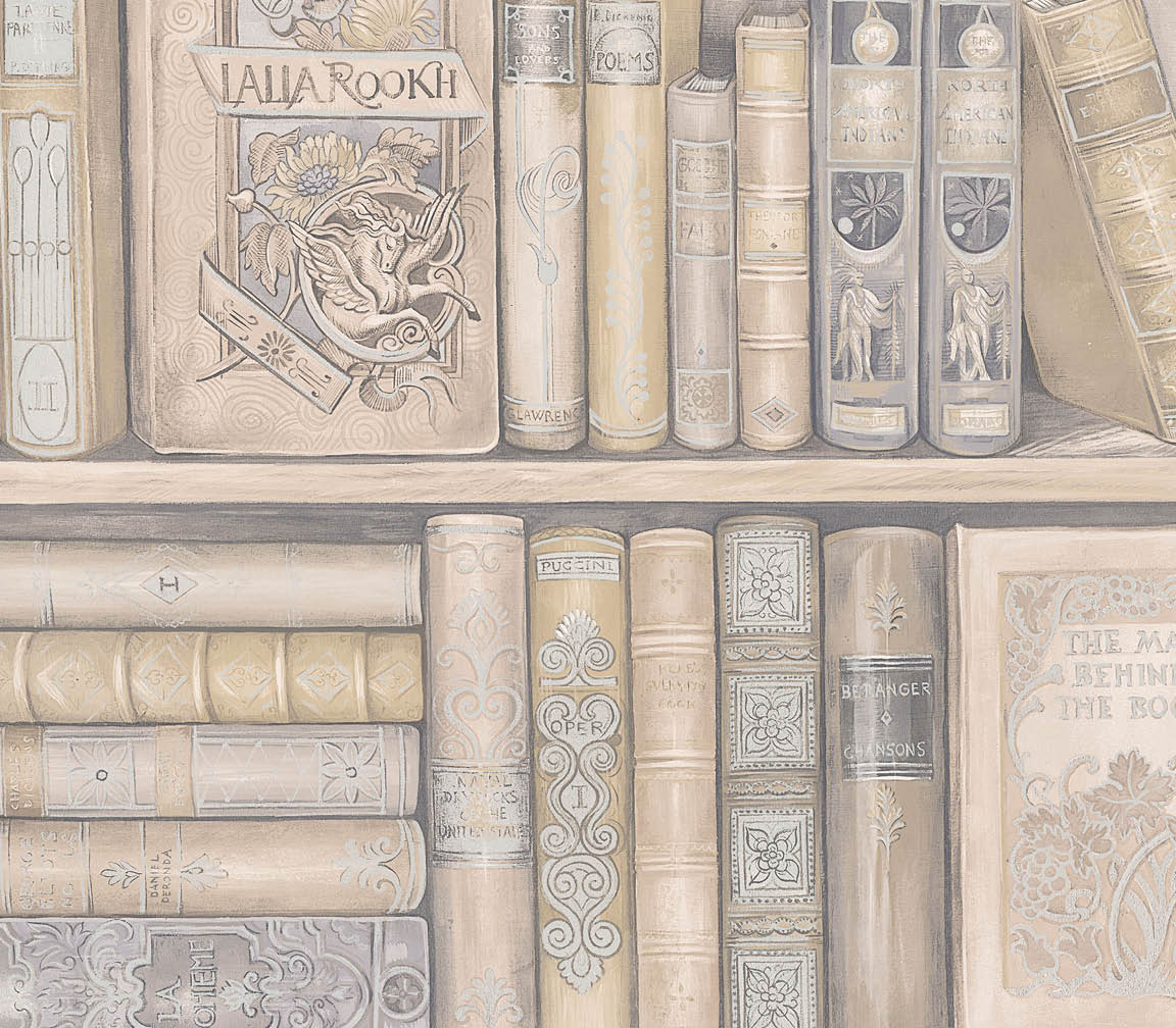 bookcase in cream and grey wallpaper