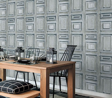 dining room with blue and beige wood panel wallcovering