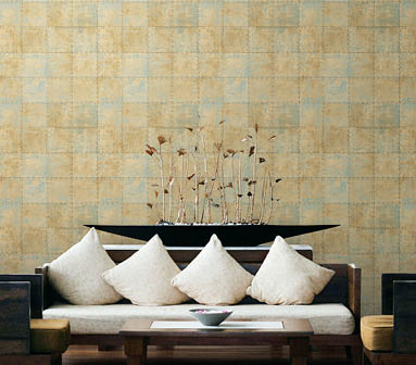 living room with steel tile in metallic gold, blue, cream and brown wallcovering