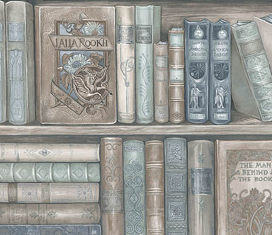 blue, green and tan bookcase wallpaper