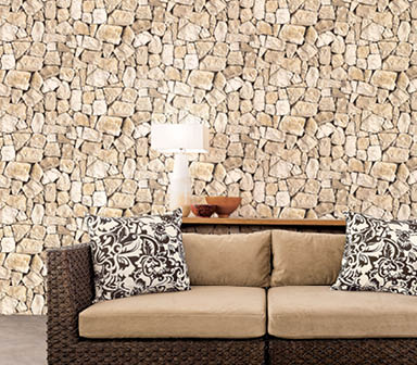 Living room with beige and cream stone wallcovering