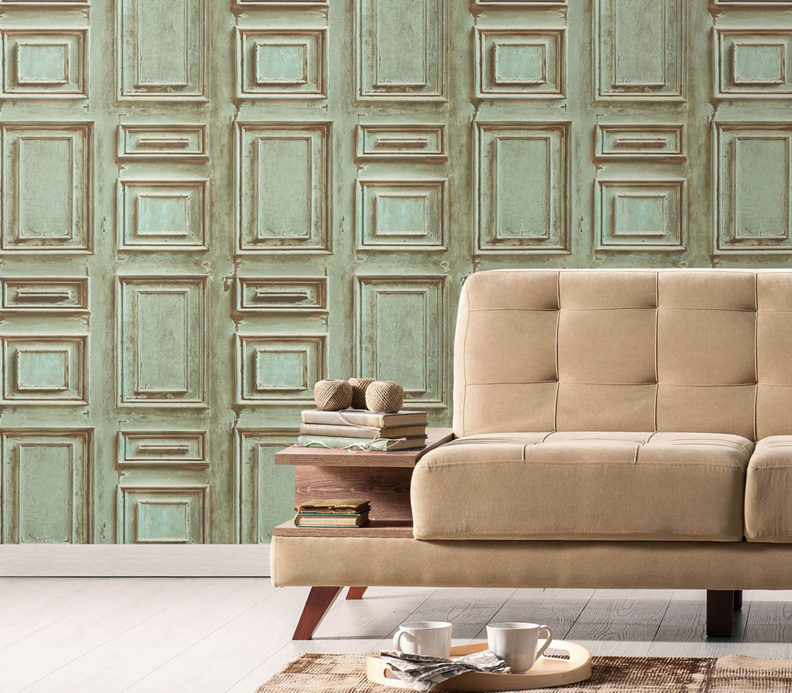 living room with green and copper wood panel wallcovering