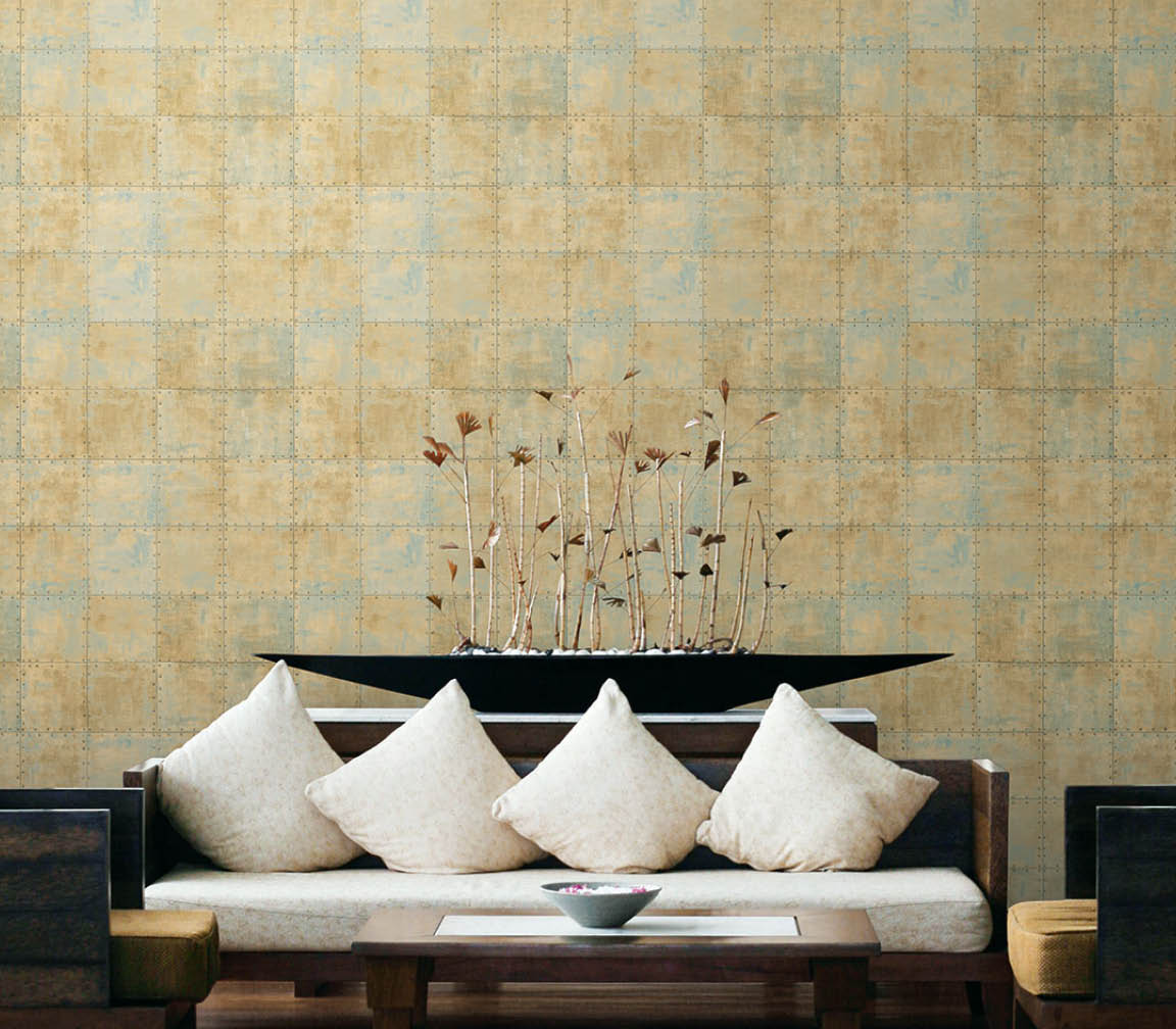 living room with steel tile in metallic gold, blue, cream and brown wallcovering