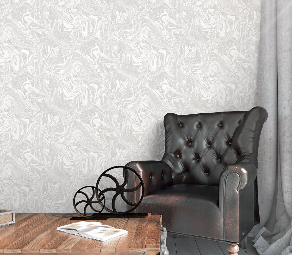 living room with grey and cream burl texture wallcovering
