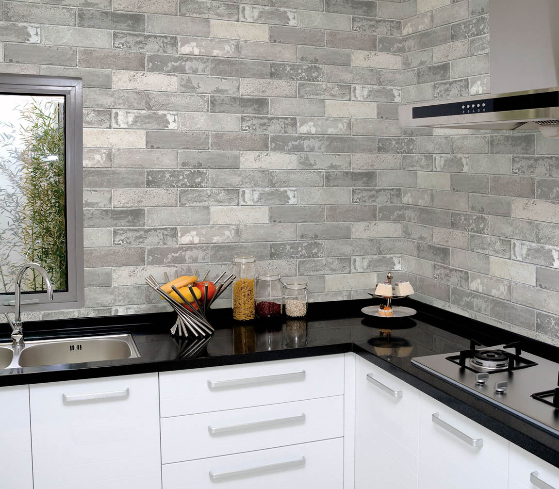 kitchen with swiss brick in slate, grey wallcovering