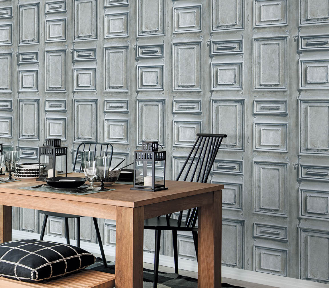 dining room with blue and beige wood panel wallcovering