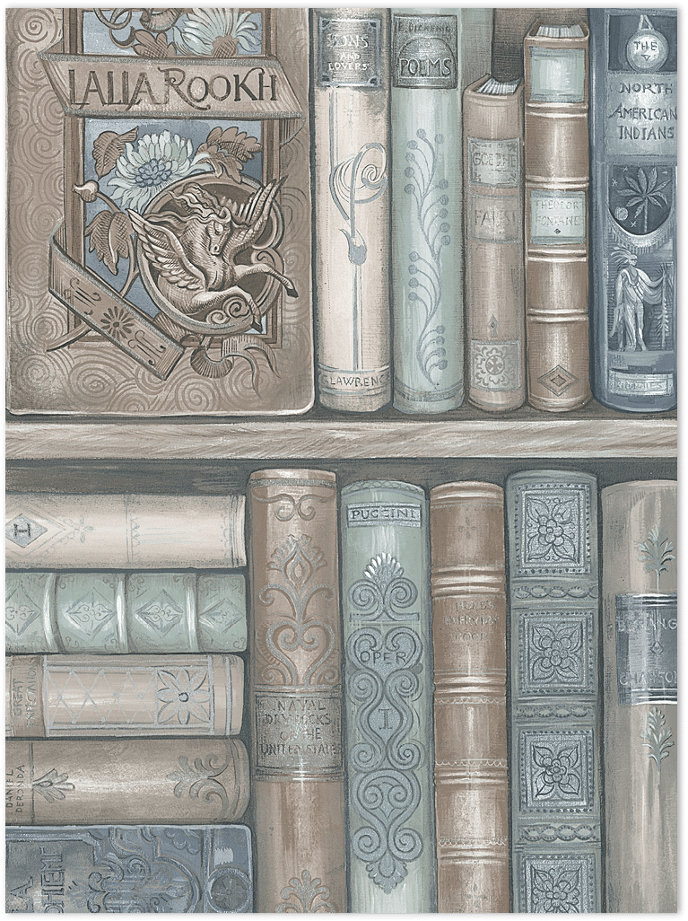 blue, green and tan bookcase wallpaper