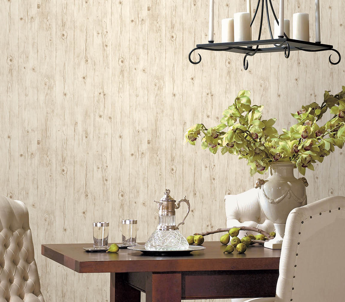 Dining room with wood grain in yellow and brown wallcovering