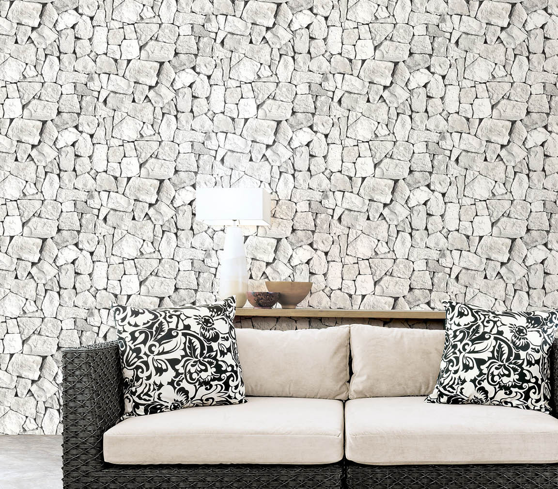 Living room with realistic rocks in grey and white wallcovering