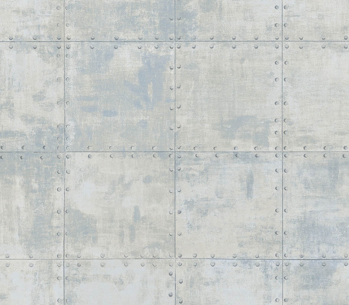 metallic silver, cream and blue steel tile wallpaper