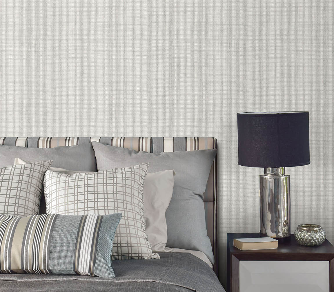 bedroom with blue and cream weave texture wallcovering