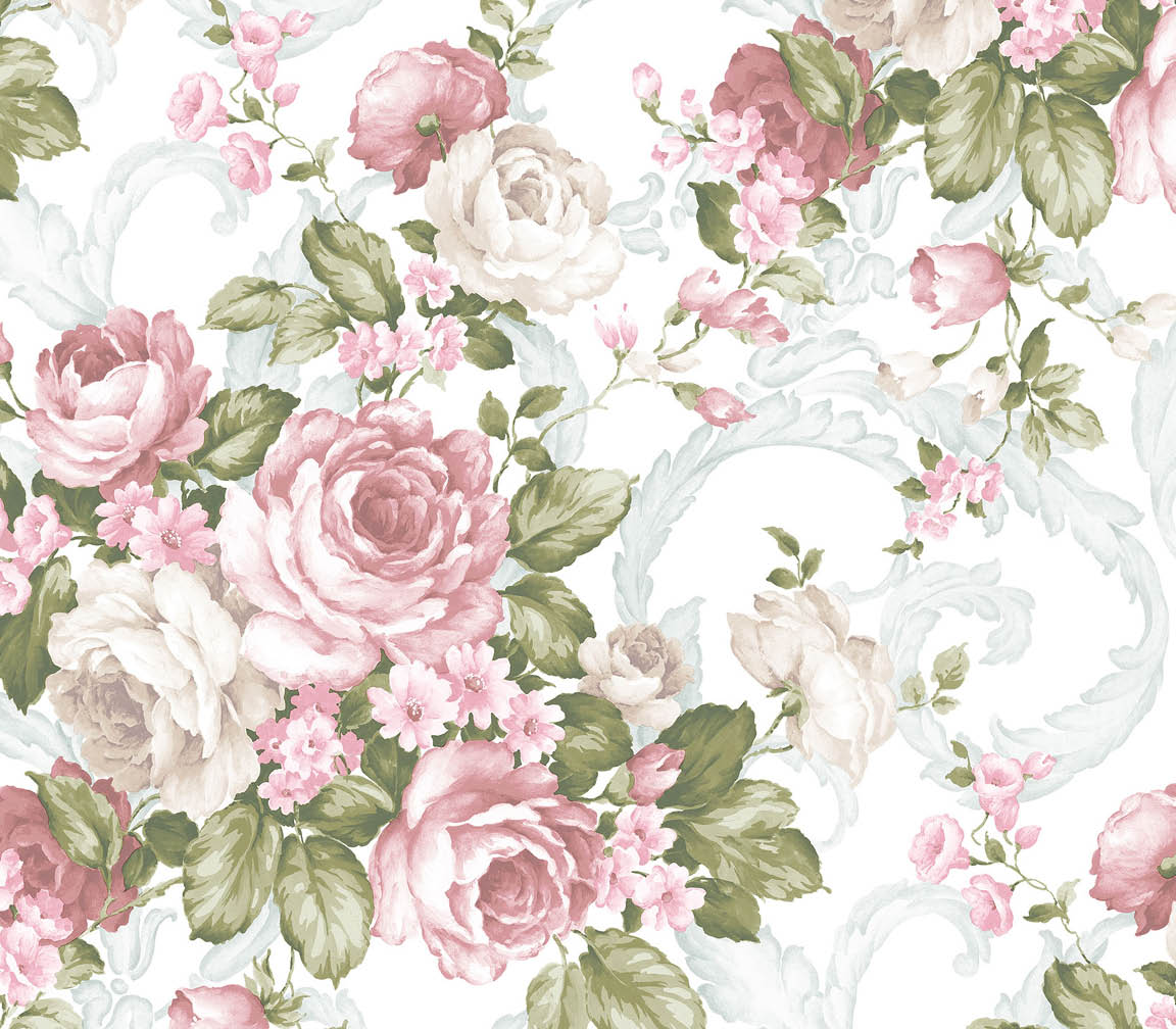 Pink floral wallpaper with scroll