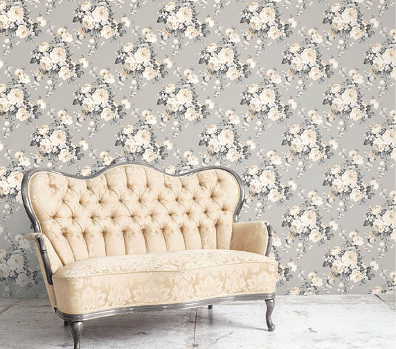 Love seat with grey and beige rose bouquets wallpaper
