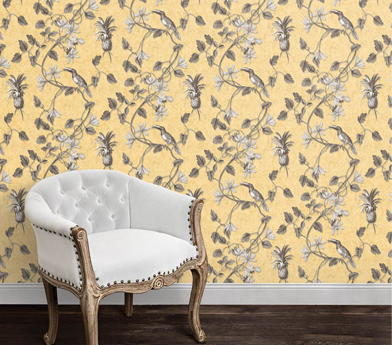 velvet luxury chair with an indochinese tucan toile in yellow and charcoal wallpaper