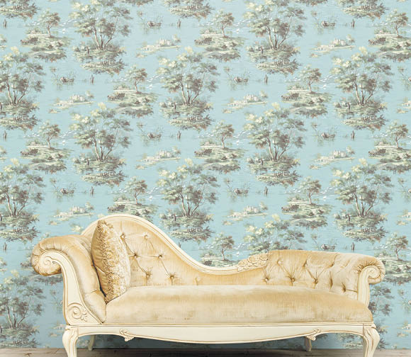 Luxury lounging sofa with blue green and yellow scenic wallpaper