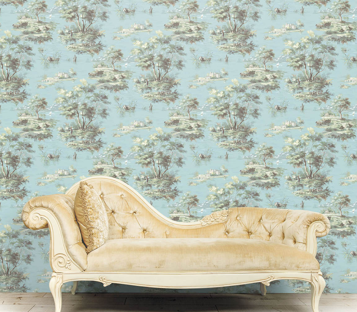 Luxury lounging sofa with blue green and yellow scenic wallpaper