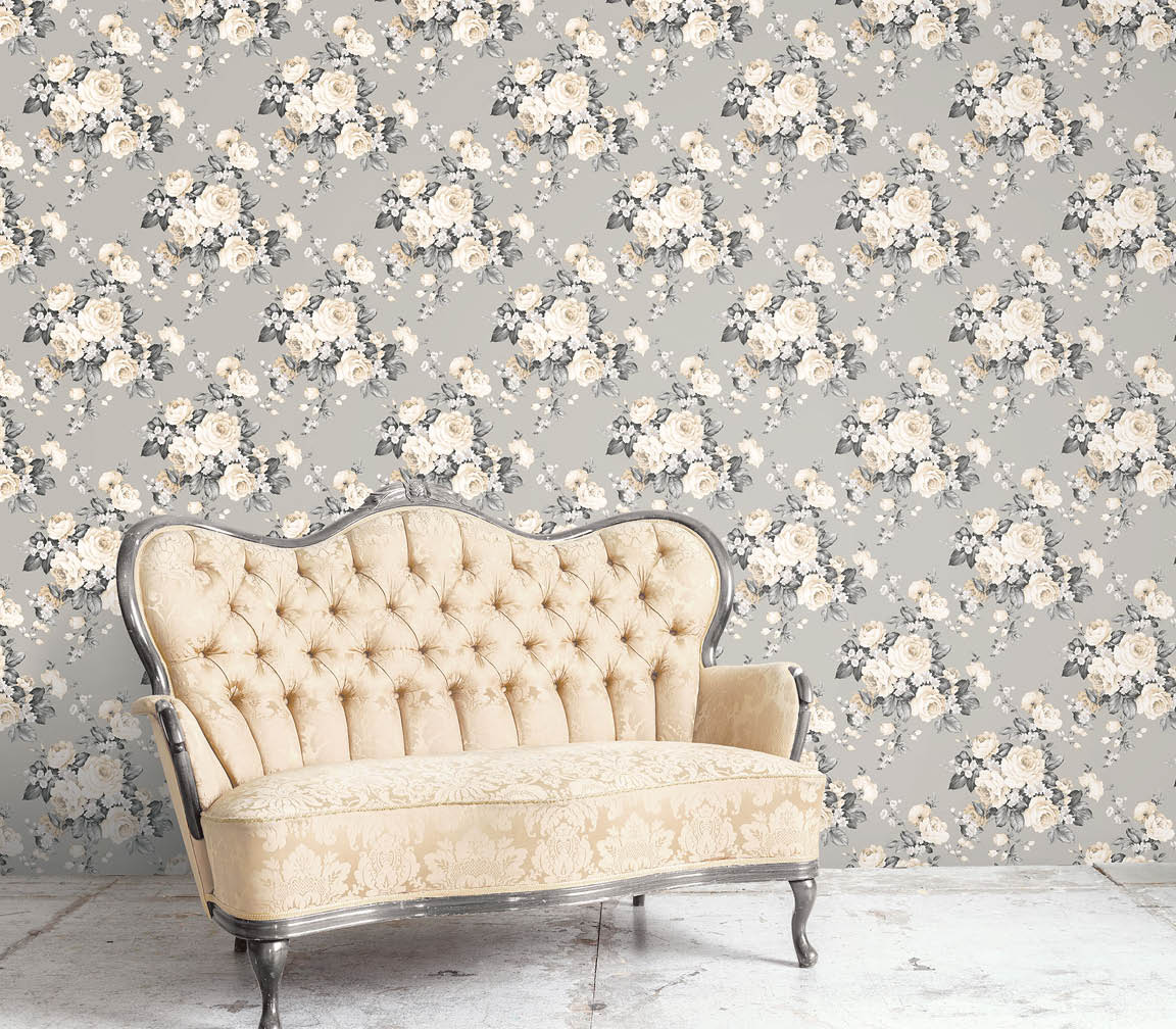 Love seat with grey and beige rose bouquets wallpaper