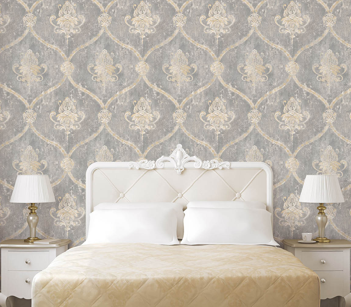 luxurious bedroom with grey and beige damask wallpaper