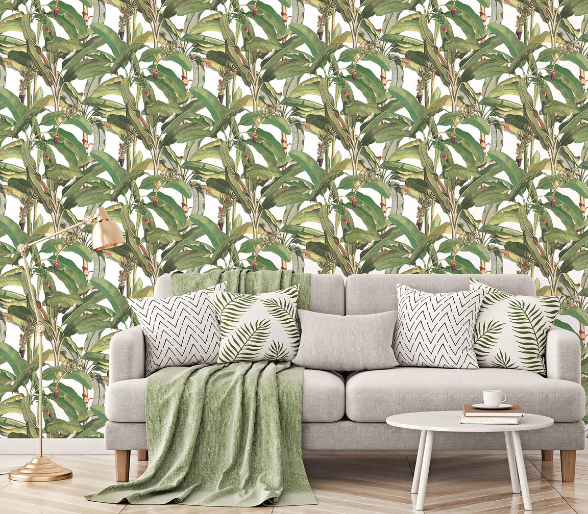 modern living room with large palm leaves in green wallpaper