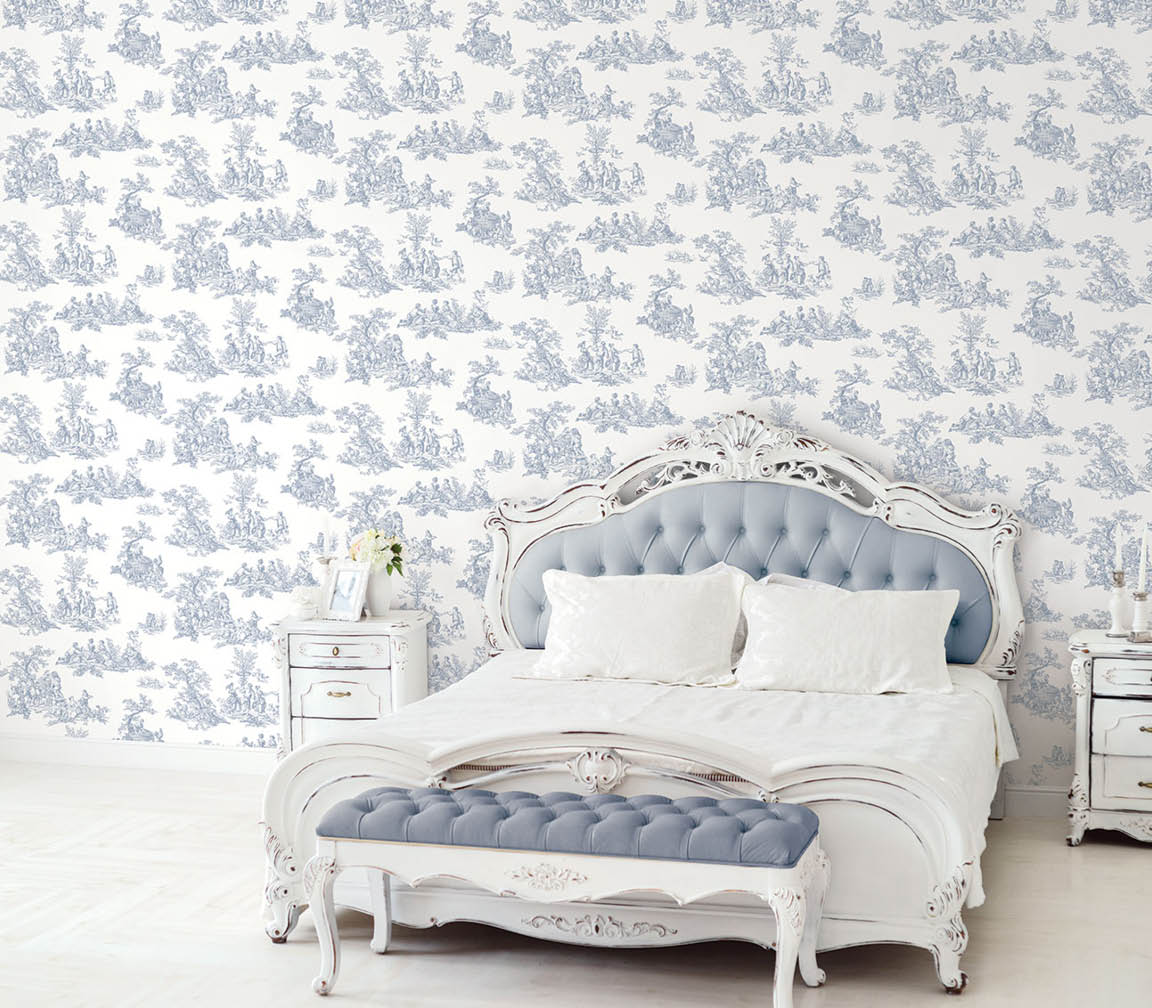 luxurious bedroom with blue and white pastorial scene toile wallpaper