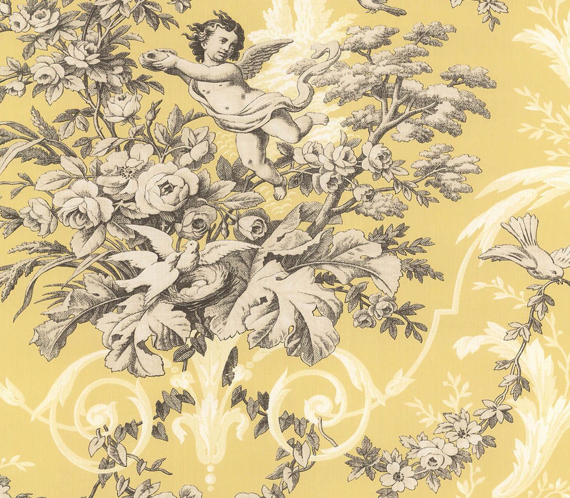Yellow toile cherub damask wallpaper 
