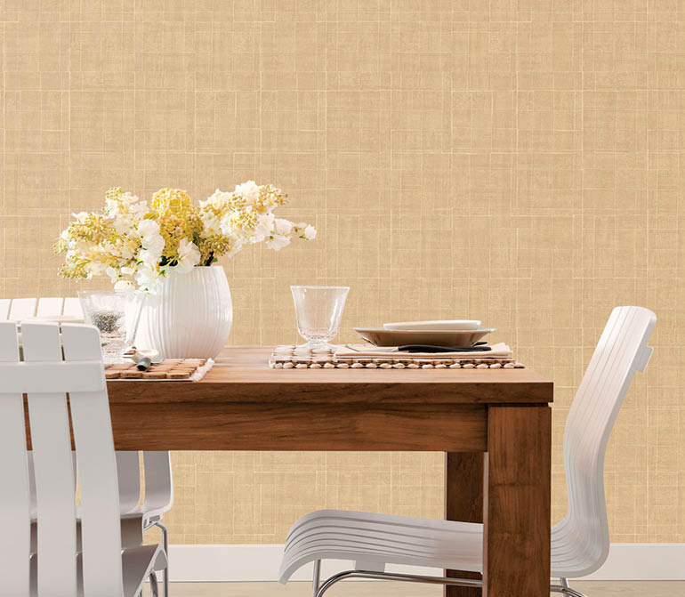 Ochre architectural texture wallpaper in a modern dining room  14 Nov 2012 --- White chairs at wooden dining table --- Image by   Hero Images Corbis