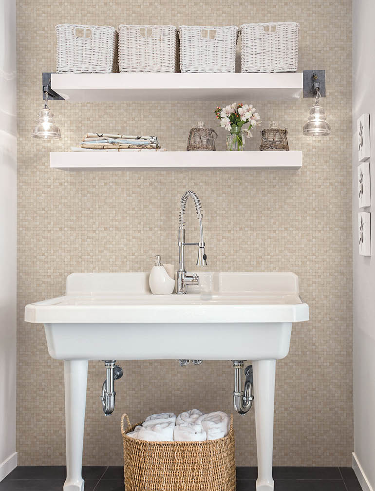 Taupe Tessera mosiac tiles wallpaper in a bathroom  24 May 2013 --- Wide white sink in bathroom --- Image by   Hero Images Corbis