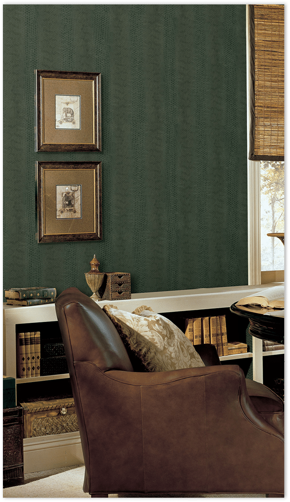 Green reptile skin wallpaper in an office