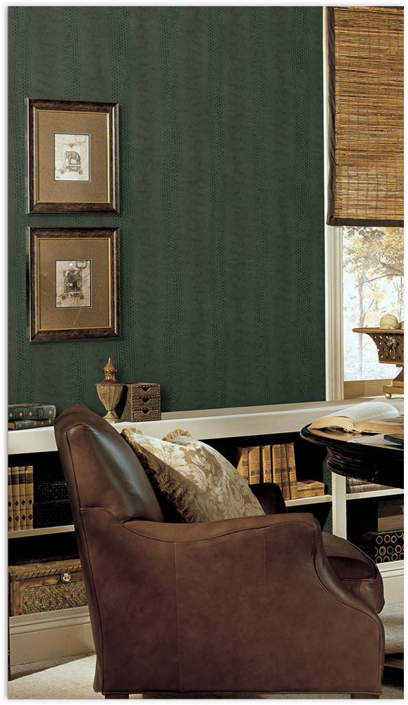 Green reptile skin wallpaper in an office