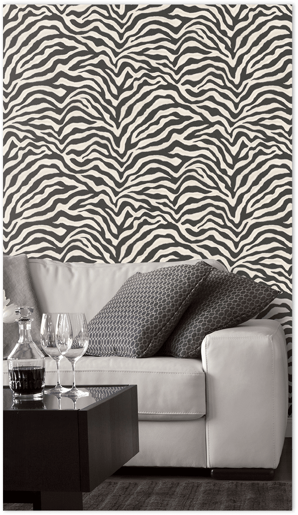 Black and white Zebra skin texture wallpaper in a living room